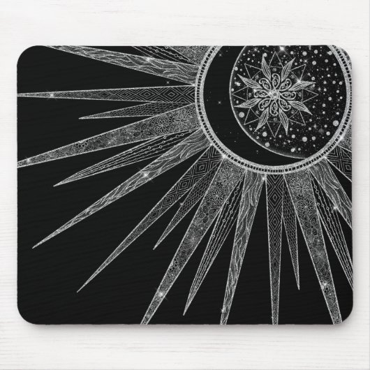Elegant Silver Sun Moon Mandala Black Design Muismat (Voorkant)