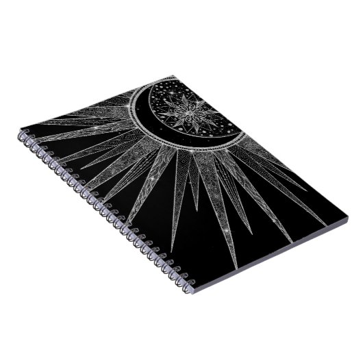 Elegant Silver Sun Moon Mandala Black Design Notitieboek (Rechterzijde)