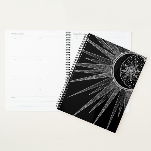 Elegant Silver Sun Moon Mandala Black Design Planner (Display)