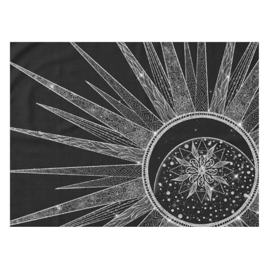 Elegant Silver Sun Moon Mandala Black Design Tafelkleed (Voorkant (Horizontaal))