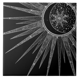 Elegant Silver Sun Moon Mandala Black Design Tegeltje