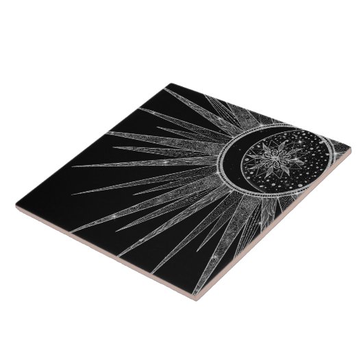 Elegant Silver Sun Moon Mandala Black Design Tegeltje (Zijkant)