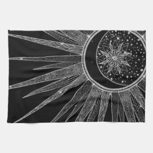 Elegant Silver Sun Moon Mandala Black Design Theedoek