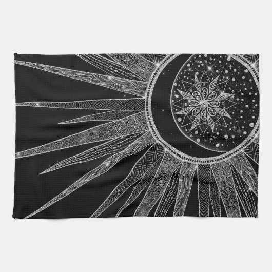 Elegant Silver Sun Moon Mandala Black Design Theedoek (Horizontaal)