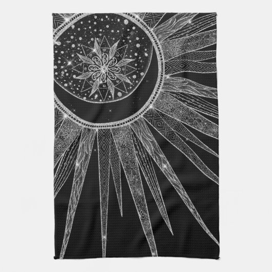 Elegant Silver Sun Moon Mandala Black Design Theedoek (Verticaal)