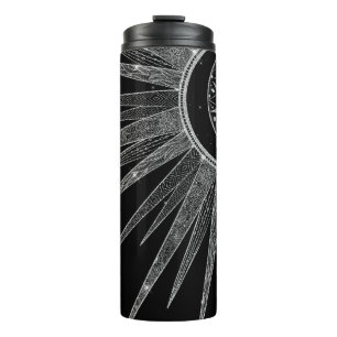 Elegant Silver Sun Moon Mandala Black Design Thermosbeker