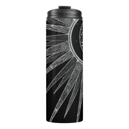 Elegant Silver Sun Moon Mandala Black Design Thermosbeker (Voorkant)