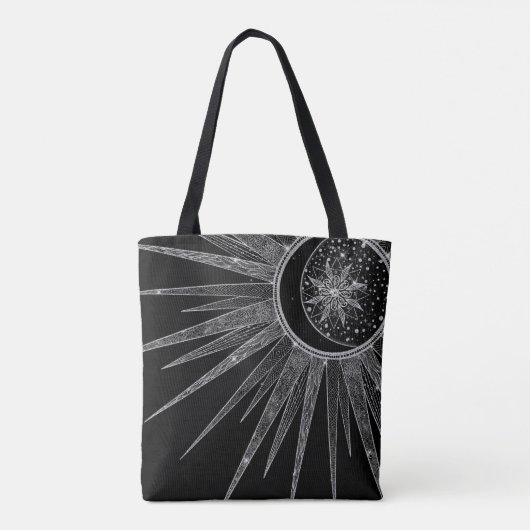Elegant Silver Sun Moon Mandala Black Design Tote Bag (Achterkant)