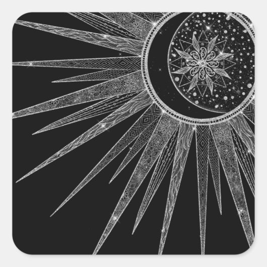 Elegant Silver Sun Moon Mandala Black Design Vierkante Sticker (Voorkant)