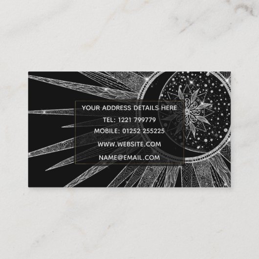 Elegant Silver Sun Moon Mandala Black Design Visitekaartje (Achterkant)