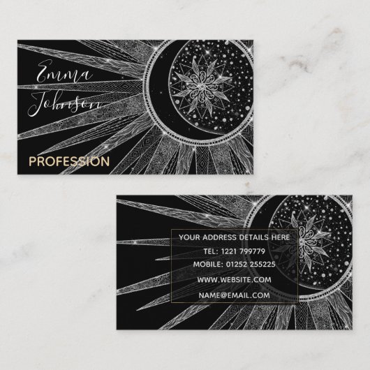Elegant Silver Sun Moon Mandala Black Design Visitekaartje (Voorkant / Achterkant)