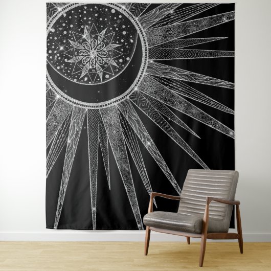 Elegant Silver Sun Moon Mandala Black Design Wandkleed (In situ)