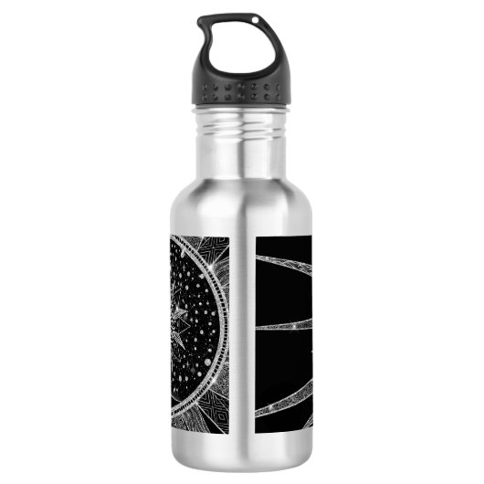 Elegant Silver Sun Moon Mandala Black Design Waterfles (Achterkant)