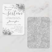 Elegant Silver Sweet 16 Glitter Floral Invite  Informatiekaartje (Voorkant / Achterkant)