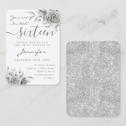 Elegant Silver Sweet 16 Glitter Floral Invite Informatiekaartje (Voorkant / Achterkant)