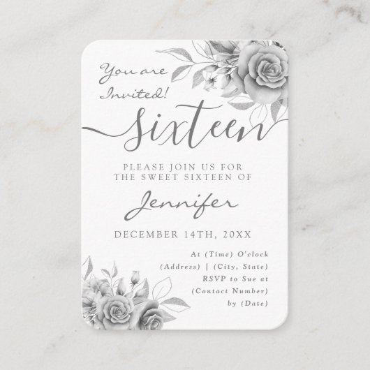 Elegant Silver Sweet 16 Glitter Floral Invite  Informatiekaartje (Voorkant)