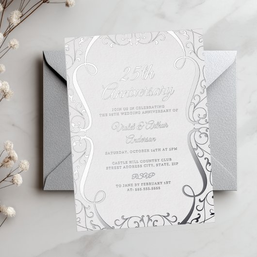 Elegant Silver Swirl 25th Wedding Jubileum Folie Uitnodiging