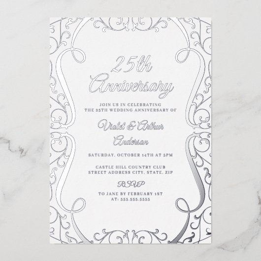 Elegant Silver Swirl 25th Wedding Jubileum Folie Uitnodiging (Voorkant)