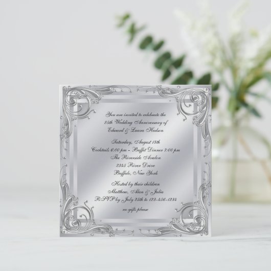 Elegant Silver Swirl 25th Wedding Jubileum Kaart (Staand voorkant)