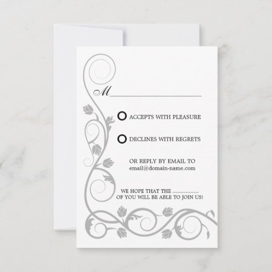 Elegant Silver Swirls RSVP / Reply Kaart (Achterkant)