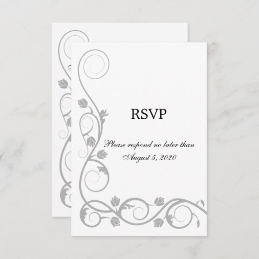 Elegant Silver Swirls RSVP / Reply Kaart (Voorkant / Achterkant)