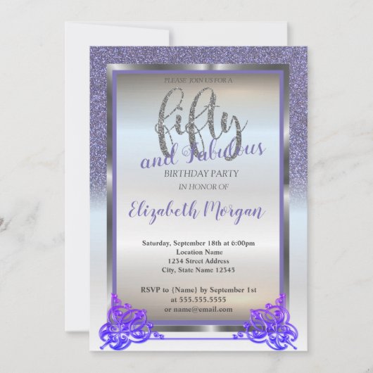 Elegant Silver, Violet Glitter 50th Birthday Party Kaart (Voorkant)