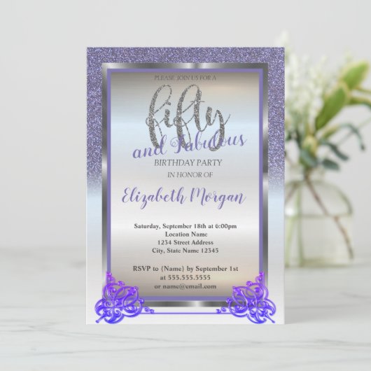 Elegant Silver, Violet Glitter 50th Birthday Party Kaart (Staand voorkant)