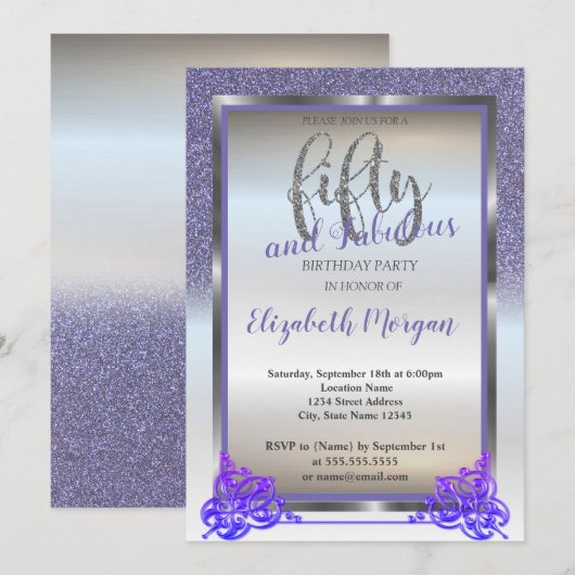 Elegant Silver, Violet Glitter 50th Birthday Party Kaart (Voorkant / Achterkant)
