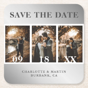 Elegant Silver Wedding Photo Collage Save the Date Kartonnen Onderzetters