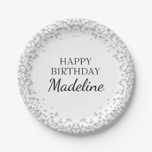 Elegant Silver White Diamond Glitter Birthday Papieren Bordje