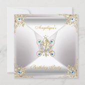 Elegant Silver White Gold Blue Jewel Birthday Kaart (Voorkant)