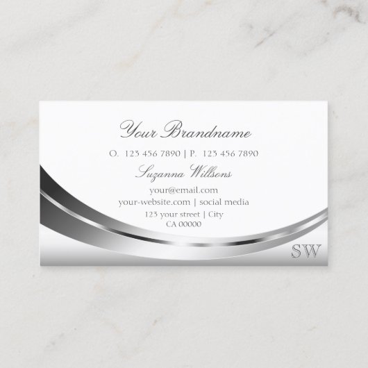 Elegant Silver White met Monogram Sparkly Diamond Visitekaartje (Achterkant)