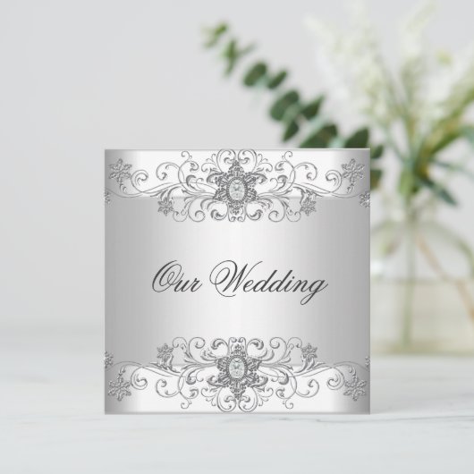 Elegant Silver White Wedding Invitation Kaart (Staand voorkant)