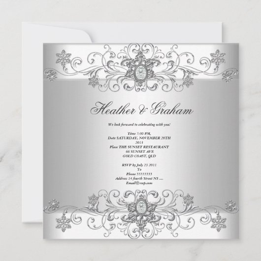 Elegant Silver White Wedding Invitation Kaart (Achterkant)