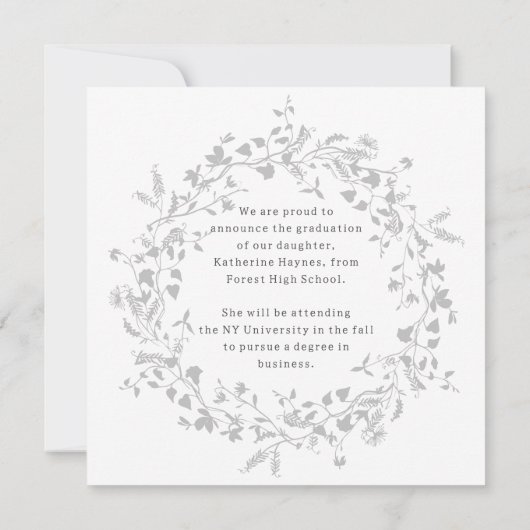 Elegant Silver Wildflower Wreath Afstuderen Aankondiging (Achterkant)