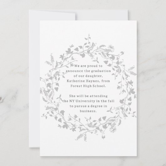 Elegant Silver Wildflower Wreath Afstuderen Aankondiging (Achterkant)