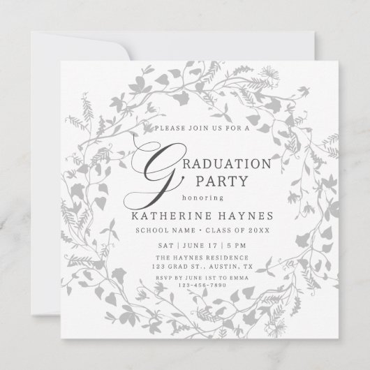 Elegant Silver Wildflower Wreath Afstuderen Kaart (Achterkant)