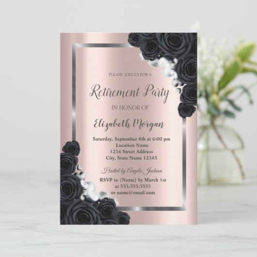 Elegant SilverFrame, Black Rozen Retirement Kaart (Staand voorkant)