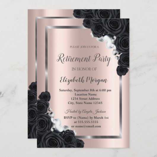 Elegant SilverFrame, Black Rozen Retirement Kaart (Voorkant / Achterkant)