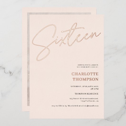 Elegant simpele lichtroze foto Sweet 16 roos goud Folie Uitnodiging (Voorkant / Achterkant)
