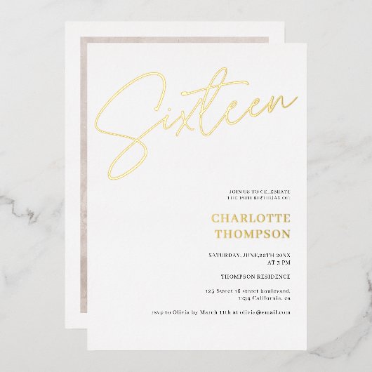 Elegant simpele, moderne, witte foto Sweet 16 goud Folie Uitnodiging (Voorkant / Achterkant)