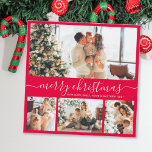 Elegant Simple 4 Photo Collage Kerstmis Feestdagenkaart<br><div class="desc">Elegant Calligraphy Modern Red en White 4 Photo Collage Merry Kerstmis Script Holiday Kaart. Deze festieve, imitalistische, grillige sjabloon met vier (4) fotovakantiekaarten is voorzien van een fotocollage en zegt "Vrolijk kerstfeest"! De tekst van de groet "Merry Kerstmis" is geschreven in een mooi handgeschreven, donkergekleurd, donkerstaartlettertype in wit op een...</div>