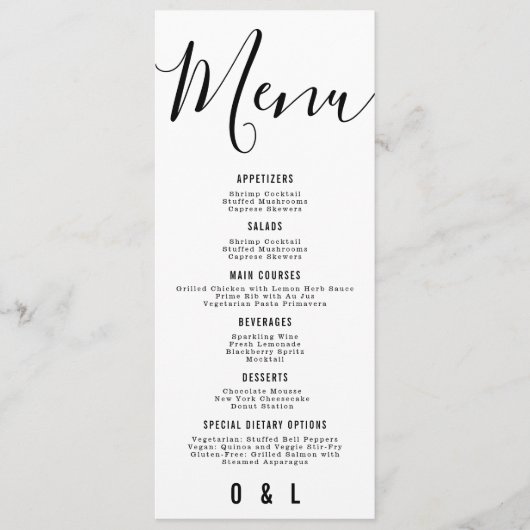 Elegant Simple Black and White Monogram Weddenscha Menu (Voorkant)