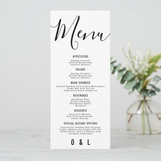 Elegant Simple Black and White Monogram Weddenscha Menu (Staand voorkant)