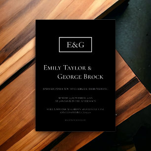 Elegant Simple Black en Silver Monogram Weddenscha Folie Uitnodiging