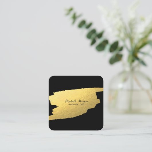 Elegant Simple Black, Faux Gold Foil Brusg Stroke Vierkante Visitekaartje (Staand voorkant)
