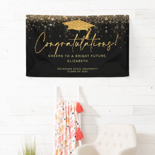 Elegant Simple Black Glitter Afstuderen Banne Spandoek (Insitu)