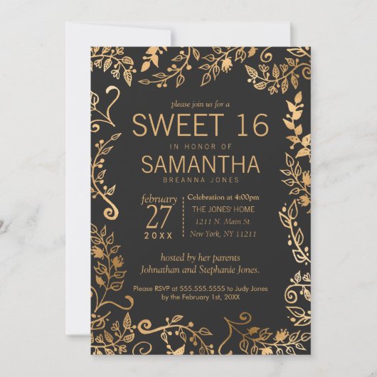Elegant Simple Black Gold Floral Sweet 16 Kaart (Voorkant)