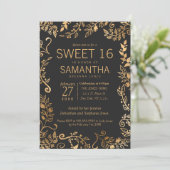 Elegant Simple Black Gold Floral Sweet 16 Kaart (Staand voorkant)