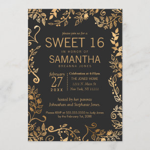 Elegant Simple Black Gold Floral Sweet 16 Kaart